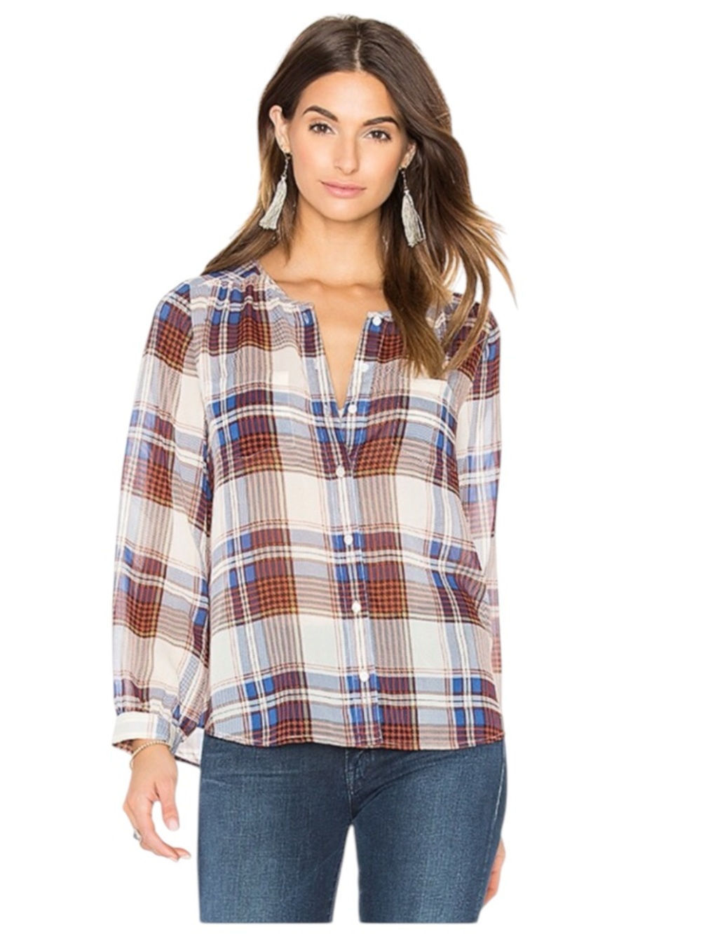 Joie Silk Safford Cream/Blue/Red Semi Sheer Button Up Top (S)